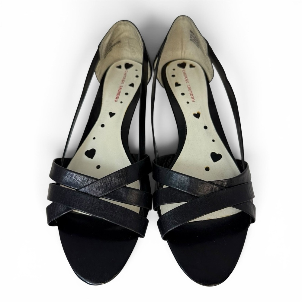 VTG Chinese Laundry Honore Womens 10M Black Leather Wedge Sandals Strappy Party